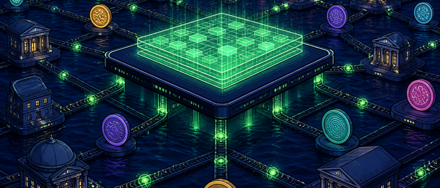 Comic illustration of interconnected bank buildings and token discs on a shared glowing ledger network