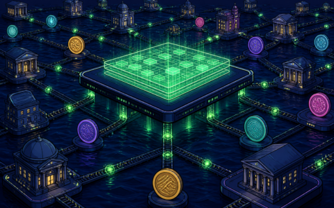 Comic illustration of interconnected bank buildings and token discs on a shared glowing ledger network