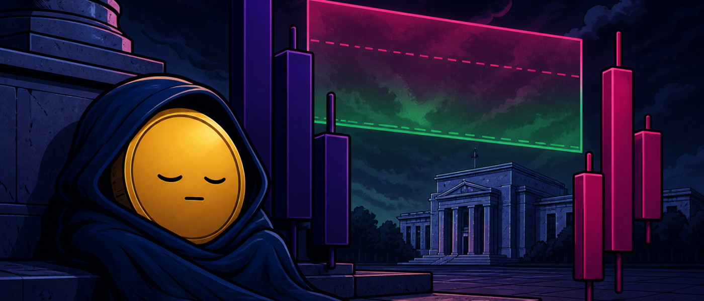 Comic illustration of a cloaked gold coin beside candlesticks and a neoclassical building, no text