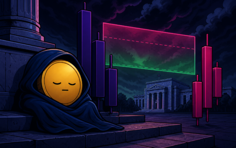 Comic illustration of a cloaked gold coin beside candlesticks and a neoclassical building, no text