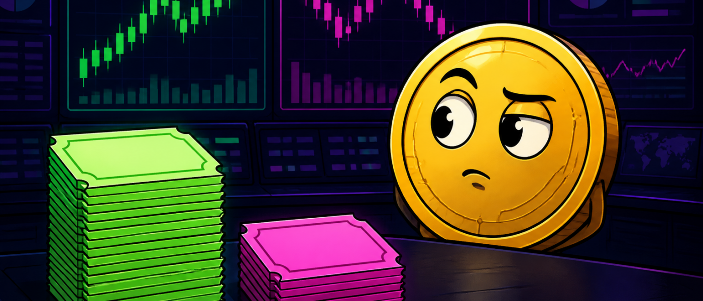 Comic illustration of a coin mascot beside neon receipt stacks on an exchange desk
