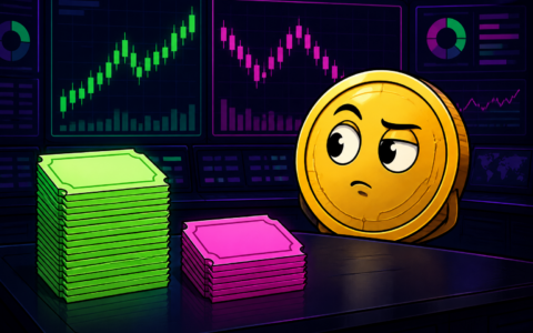 Comic illustration of a coin mascot beside neon receipt stacks on an exchange desk
