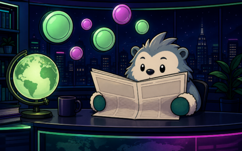 Comic hedgehog news desk with floating coins, no text
