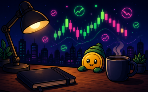 Comic crypto news desk with candlestick charts and a mittened coin mascot