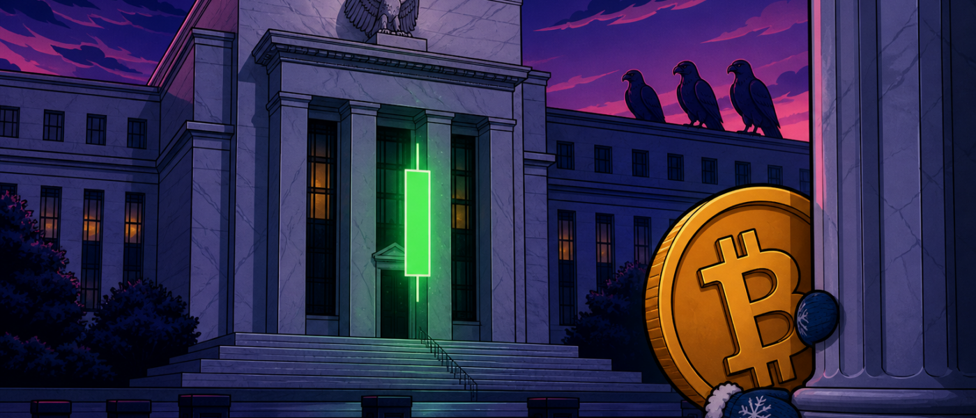 Comic illustration of a Federal Reserve-style building with a green candle and Bitcoin coin mascot