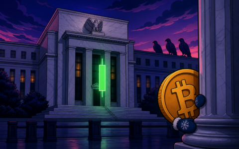Comic illustration of a Federal Reserve-style building with a green candle and Bitcoin coin mascot