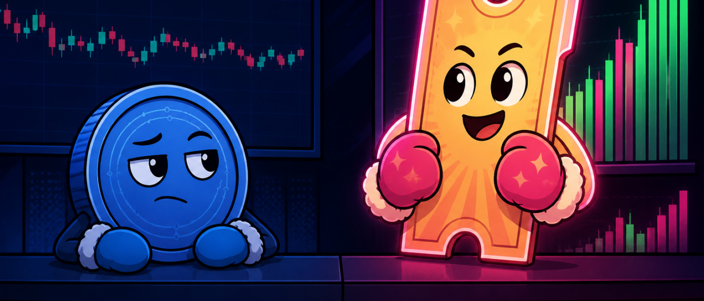 Comic illustration of a quiet coin character beside flat candles and a glowing ticket mascot beside rising bars