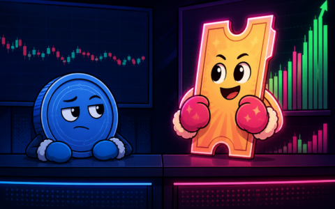 Comic illustration of a quiet coin character beside flat candles and a glowing ticket mascot beside rising bars