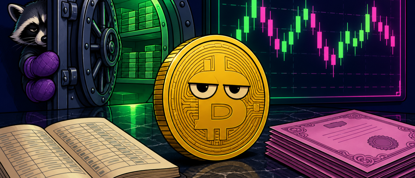 Comic illustration of a Bitcoin coin beside a vault, ledger, and chart with no text overlay