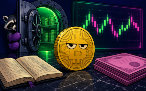 Comic illustration of a Bitcoin coin beside a vault, ledger, and chart with no text overlay