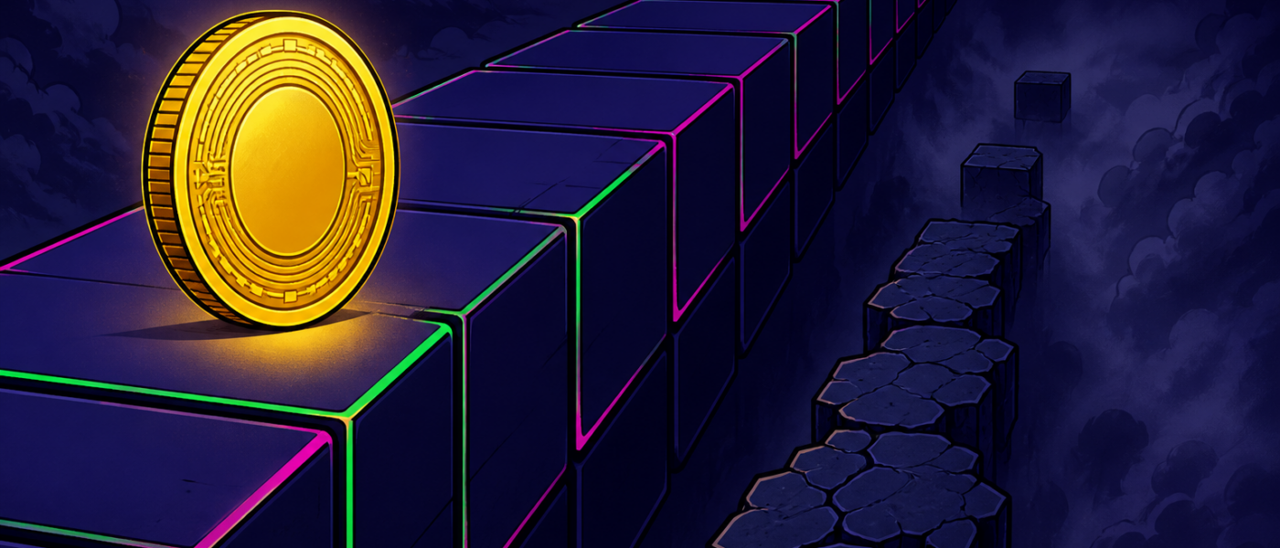 Comic illustration of a blank gold coin on a neon-edged block highway beside a cracked empty side path