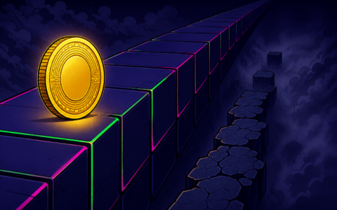 Comic illustration of a blank gold coin on a neon-edged block highway beside a cracked empty side path