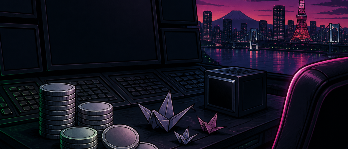 Comic illustration of a dark empty trading desk with blank coins and origami cranes overlooking a Tokyo bay skyline