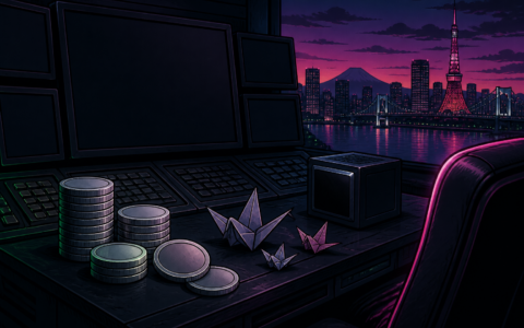 Comic illustration of a dark empty trading desk with blank coins and origami cranes overlooking a Tokyo bay skyline