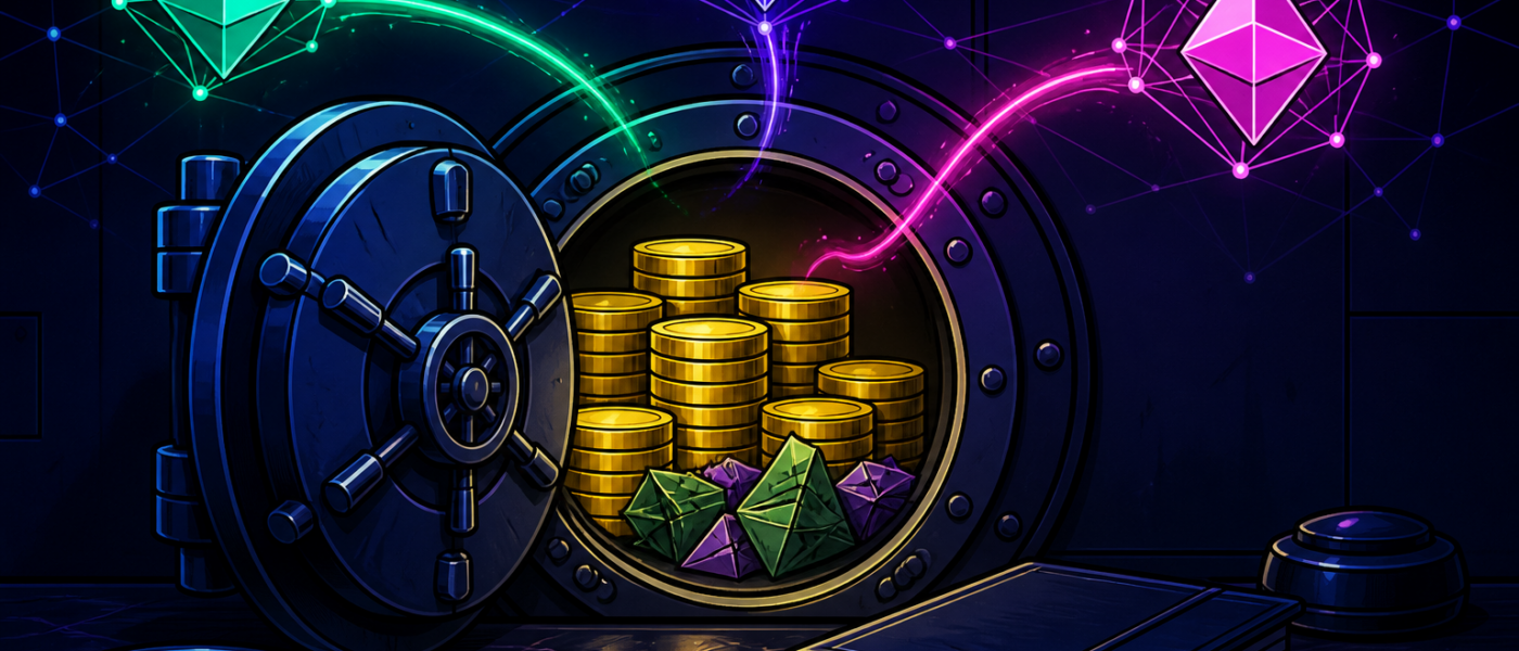 Comic vault with blank gold coins and glowing network crystals, no text