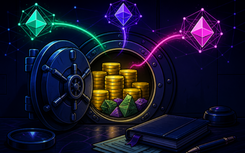 Comic vault with blank gold coins and glowing network crystals, no text