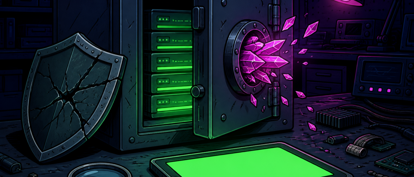 Comic illustration of a cracked vault with glowing servers and blank green tablet