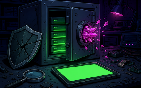 Comic illustration of a cracked vault with glowing servers and blank green tablet