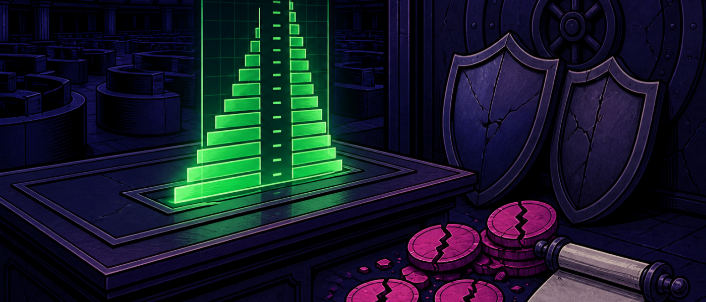 Empty trading floor with neon order-book depth, cracked rebate coins, blank advisory scroll, and unused shields by a vault