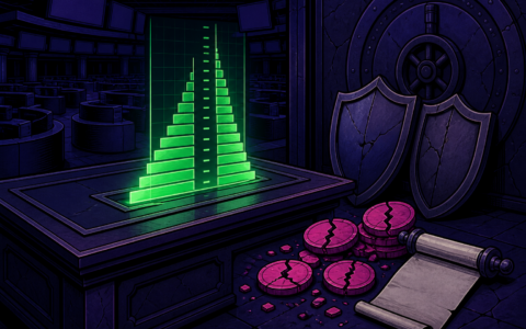 Empty trading floor with neon order-book depth, cracked rebate coins, blank advisory scroll, and unused shields by a vault