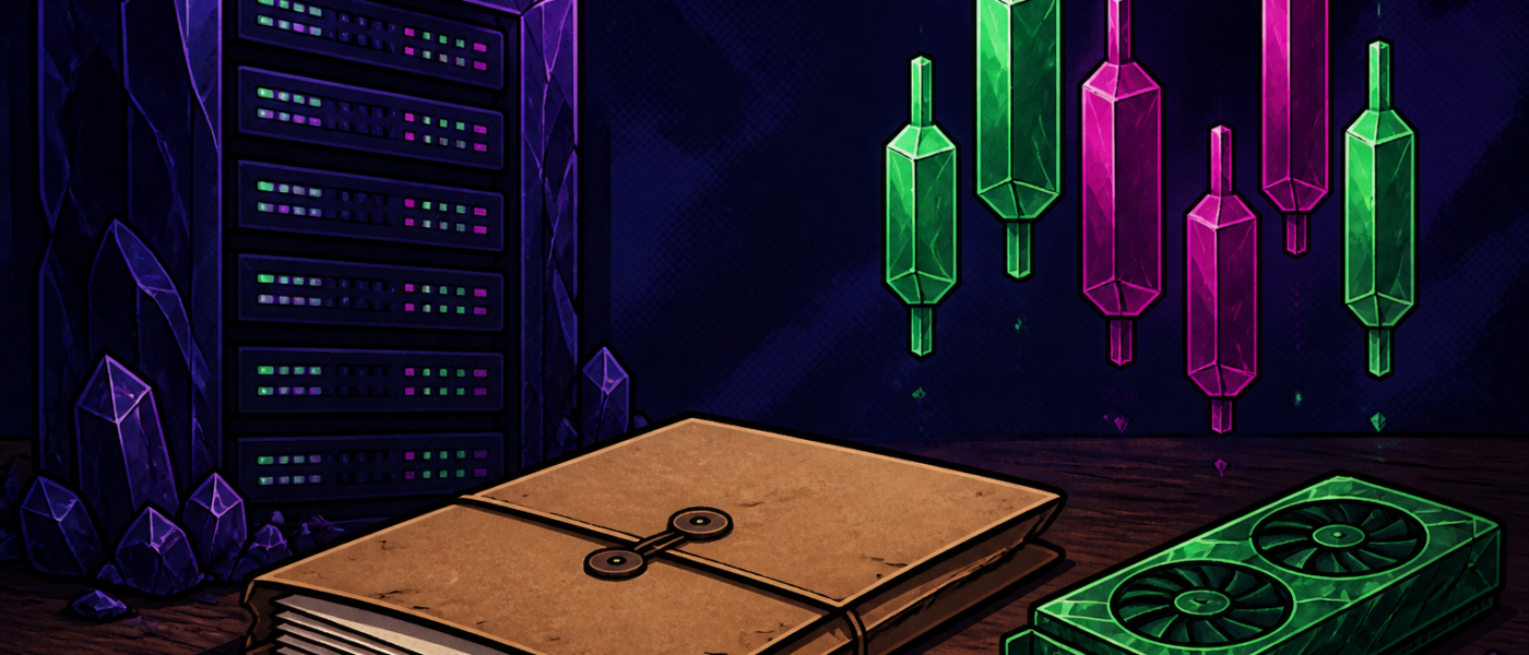 Comic still life of a crystal server rack, sealed folder, and GPU crystal with candlestick crystals. No text.