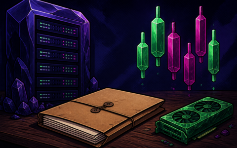 Comic still life of a crystal server rack, sealed folder, and GPU crystal with candlestick crystals. No text.
