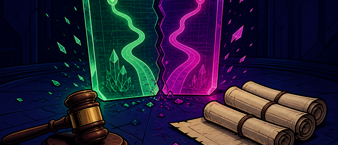Comic still life of a split glowing ledger, gavel, and scrolls on a dark table, no people