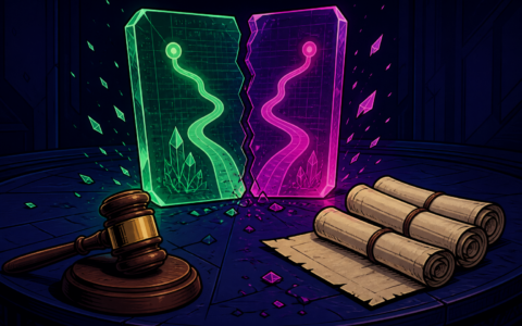 Comic still life of a split glowing ledger, gavel, and scrolls on a dark table, no people