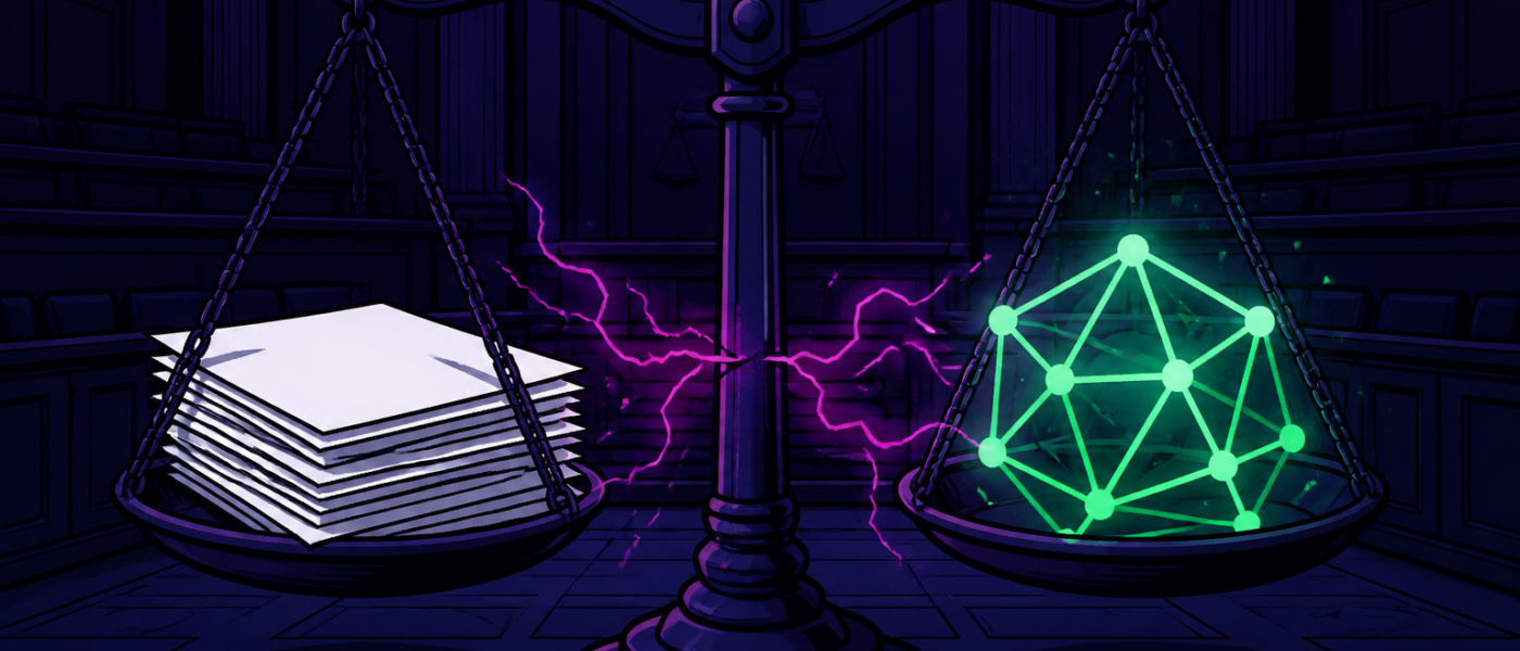 Comic illustration of courtroom scales balancing blank papers against a glowing green node crystal