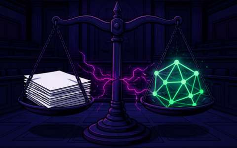 Comic illustration of courtroom scales balancing blank papers against a glowing green node crystal