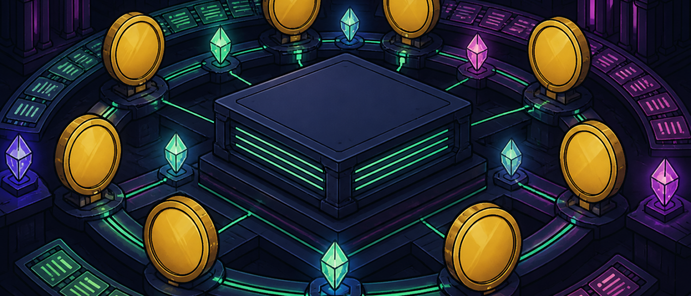 Comic illustration of blank gold tokens and network crystals around a ledger hub