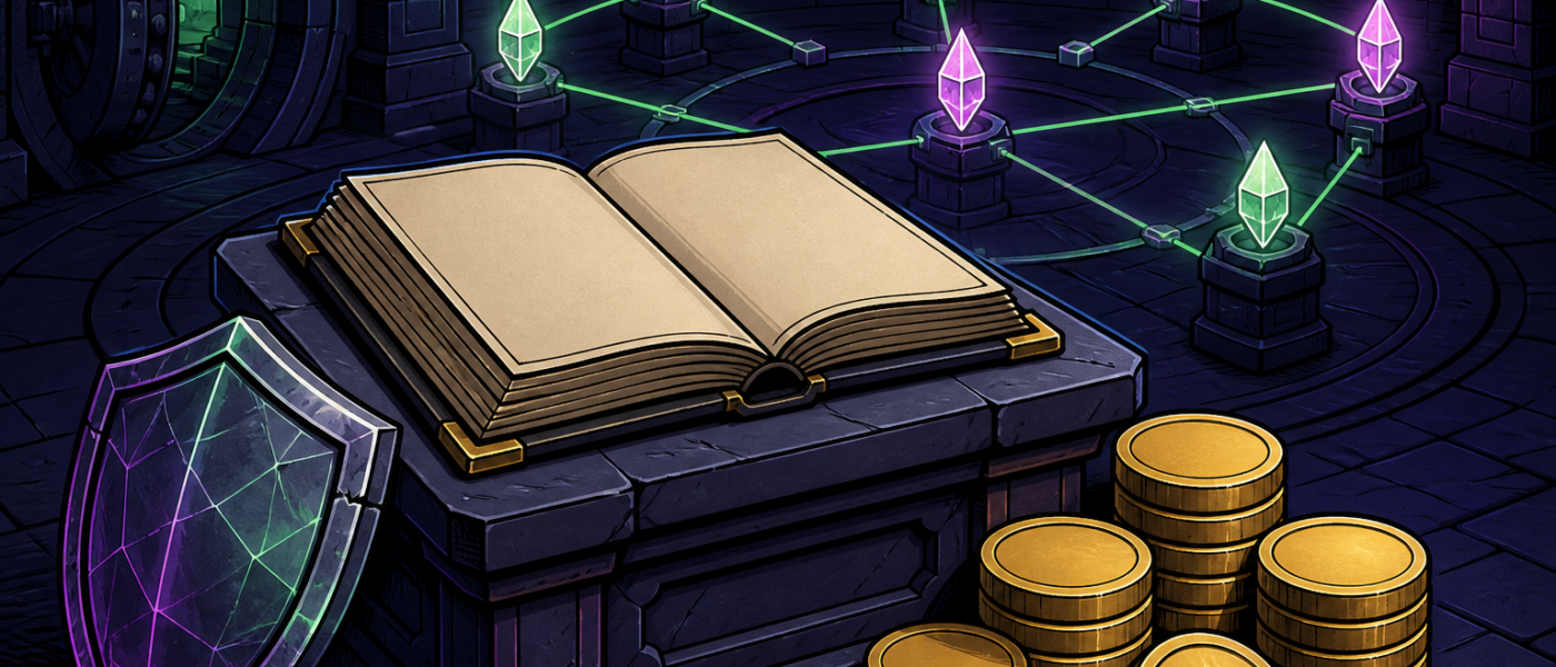 Comic vault with blank ledger, gold tokens, crystal shield, and network nodes