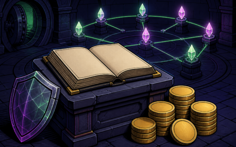 Comic vault with blank ledger, gold tokens, crystal shield, and network nodes