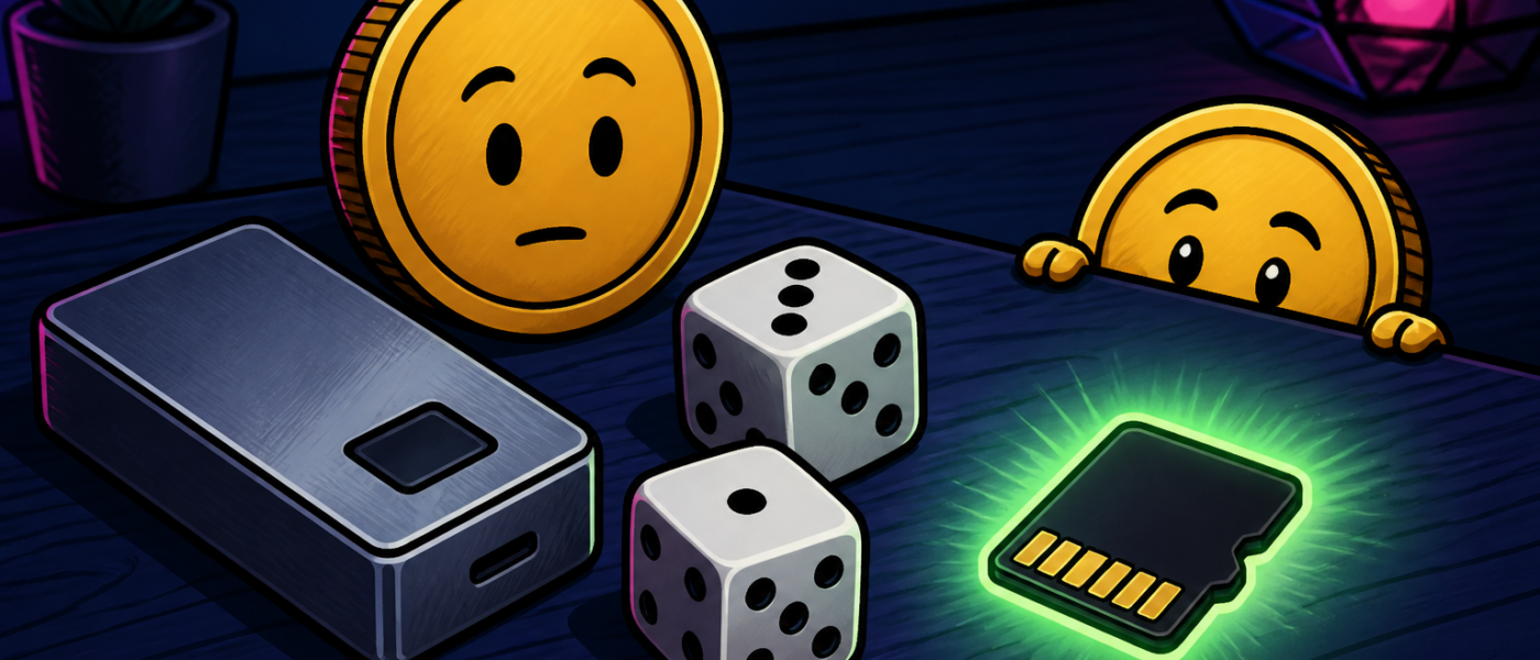 Comic still life of a hardware wallet, dice, glowing MicroSD, and coin characters. No text.