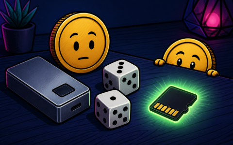 Comic still life of a hardware wallet, dice, glowing MicroSD, and coin characters. No text.