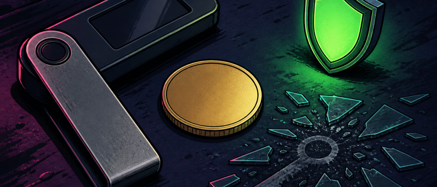 Comic illustration of hardware wallet, blank coin, glowing shield, and broken key