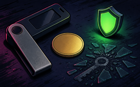 Comic illustration of hardware wallet, blank coin, glowing shield, and broken key