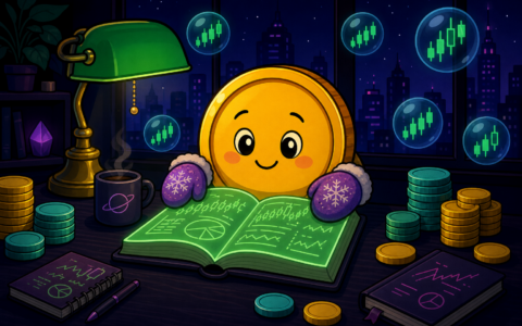 Comic illustration of a coin mascot reading glowing charts at a night desk