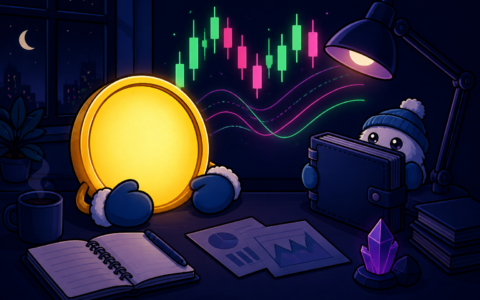 Comic crypto news desk with mittened coin mascot and floating candles