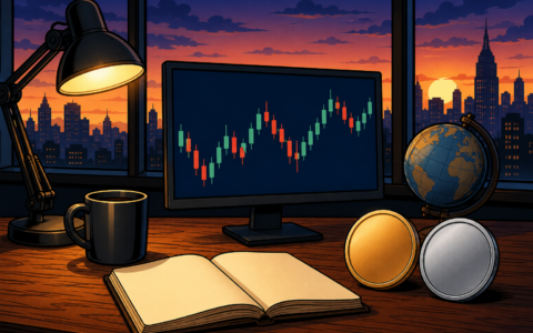 Comic illustration of a crypto news desk with blank coins and abstract candles