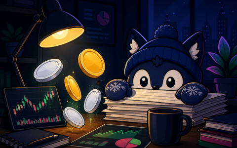 Comic news desk mascot with mittens beside floating coins and charts