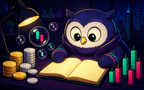 Comic owl mascot at a night desk with blank coins and candlesticks, no text