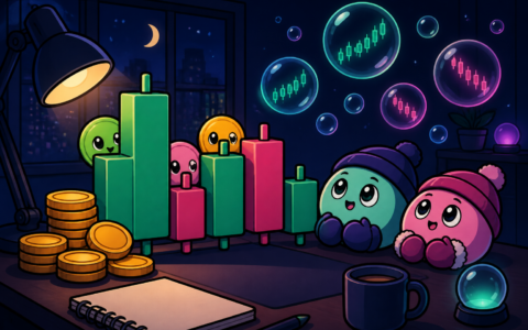 Comic mascots with mittens watch candle blocks and floating chart bubbles on a night desk.