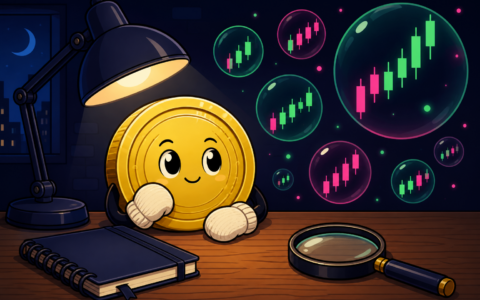 Comic gold coin mascot at a news desk with floating candlestick bubbles