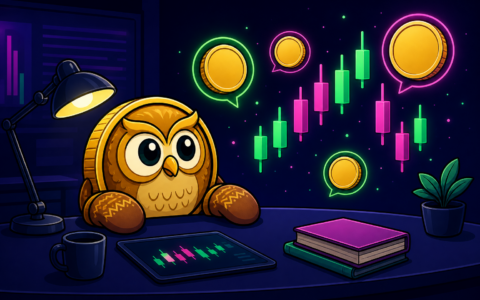 Comic coin owl mascot with mittens at a dark news desk, floating candles, no text.