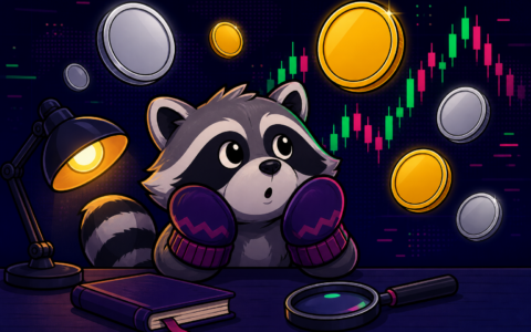 Comic raccoon mascot at a news desk with blank coins and candles. AI-generated illustration.