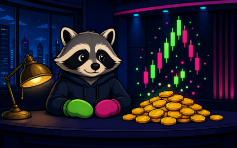 Comic raccoon with mittens at a night news desk with blank gold coins and neon candlesticks. No text.