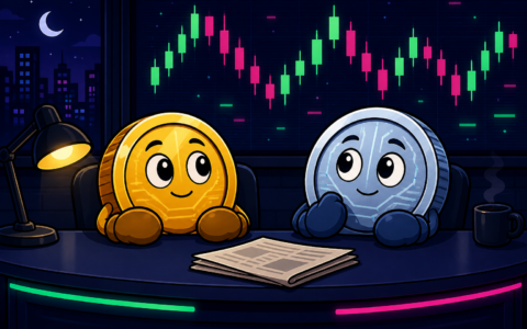 Comic gold and silver coin mascots with mittens at a night news desk, no text