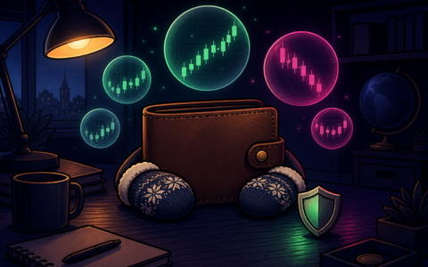 Comic illustration of a mittened wallet on a night desk with floating chart bubbles