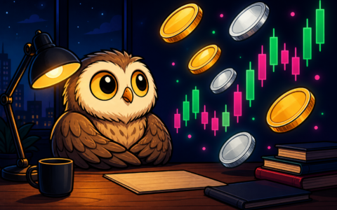Comic owl at a night desk with blank coins and abstract candles